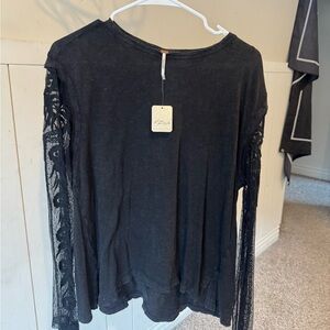 Free People Black Long Sleeve Lace Top
